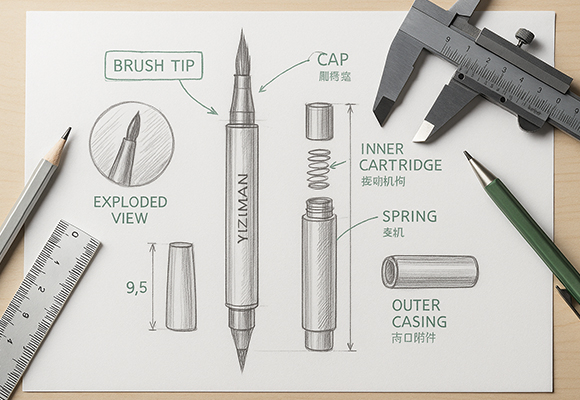 Cosmetic pen design sketch and component structure